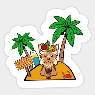 Funny yorkshire terrier is on a deserted island Sticker